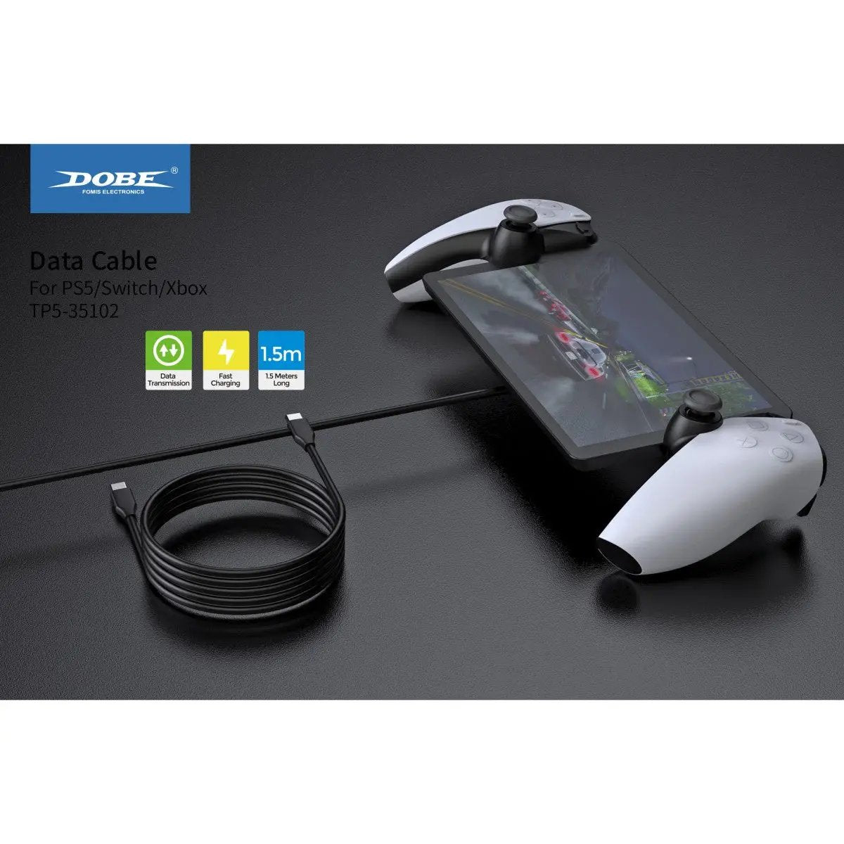 Dobe TP5-35102 Type-C cable in use with PS5 handheld console, demonstrating data transfer and charging functionality.