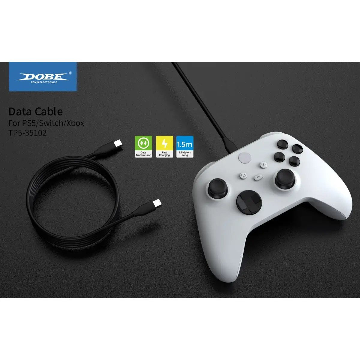 Xbox controller connected via Dobe TP5-35102 Type-C cable, highlighting 1.5m length and fast charging support for gaming devices.