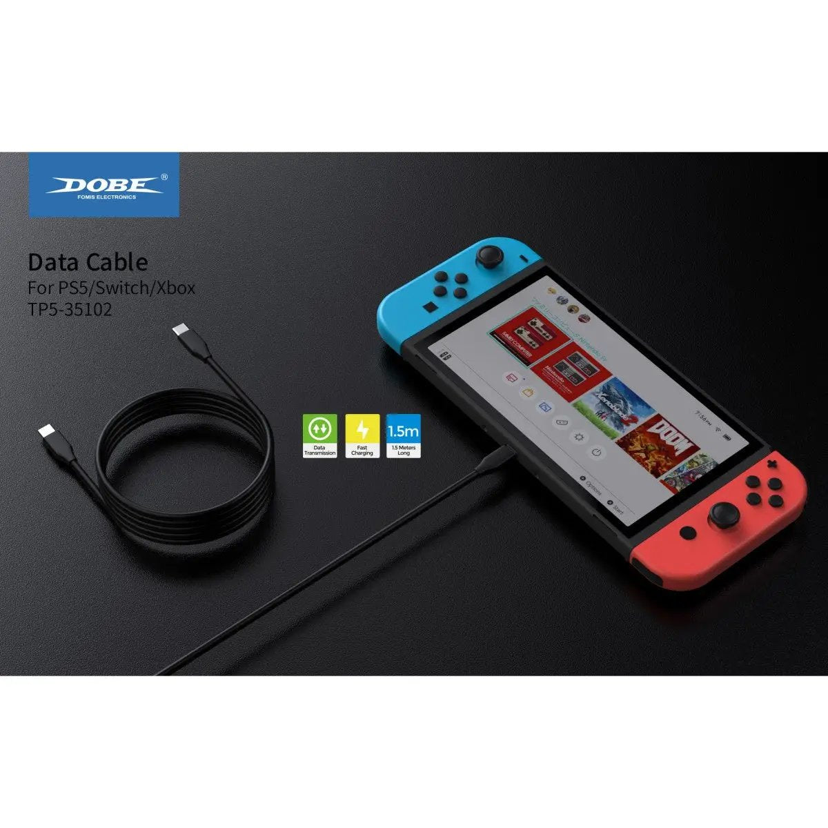Nintendo Switch connected with Dobe TP5-35102 Type-C cable, showcasing compatibility for charging and data transfer.
