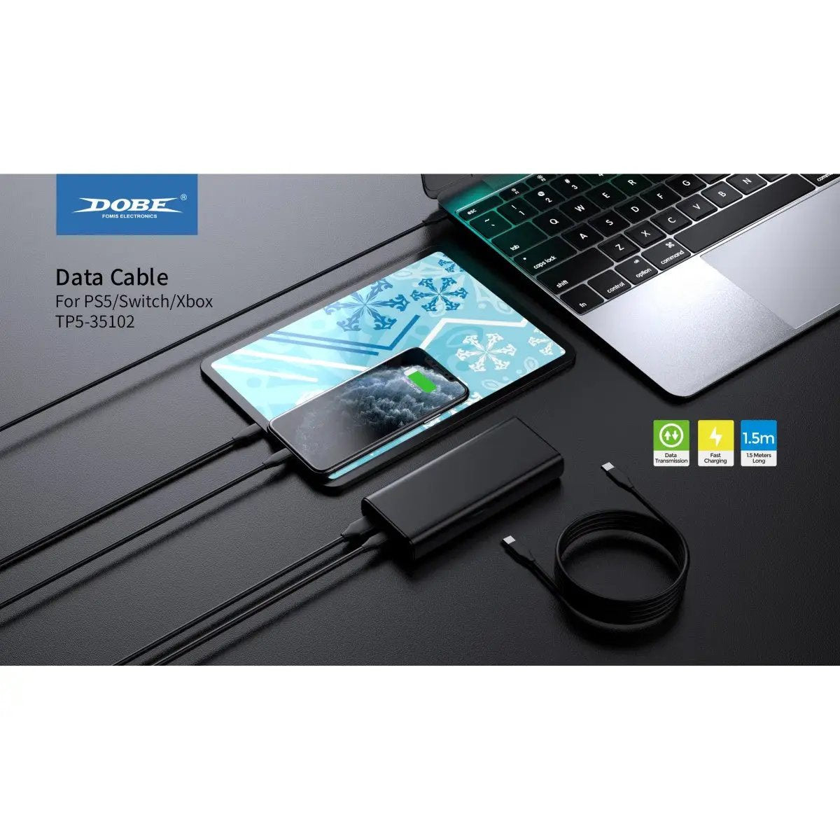 Dobe TP5-35102 Type-C cable charging a smartphone and laptop, emphasizing multi-device support and 1.5m cable length.