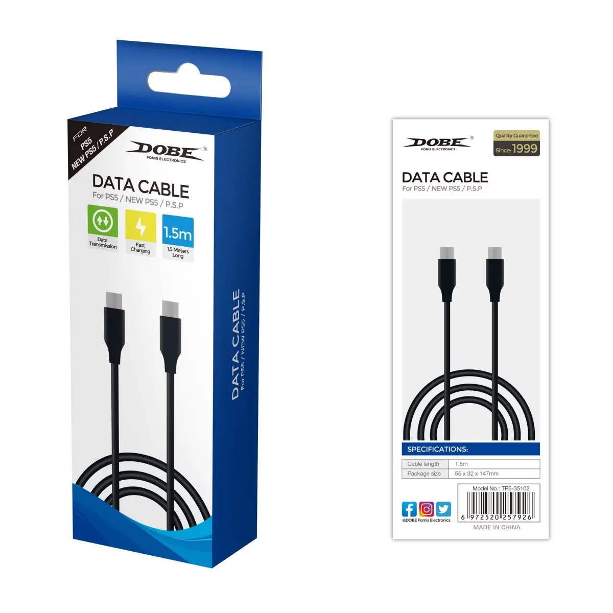 Retail packaging of Dobe TP5-35102 Type-C Data Cable for PS5, Switch, and Xbox with 1.5m length, fast charging and data transfer support.