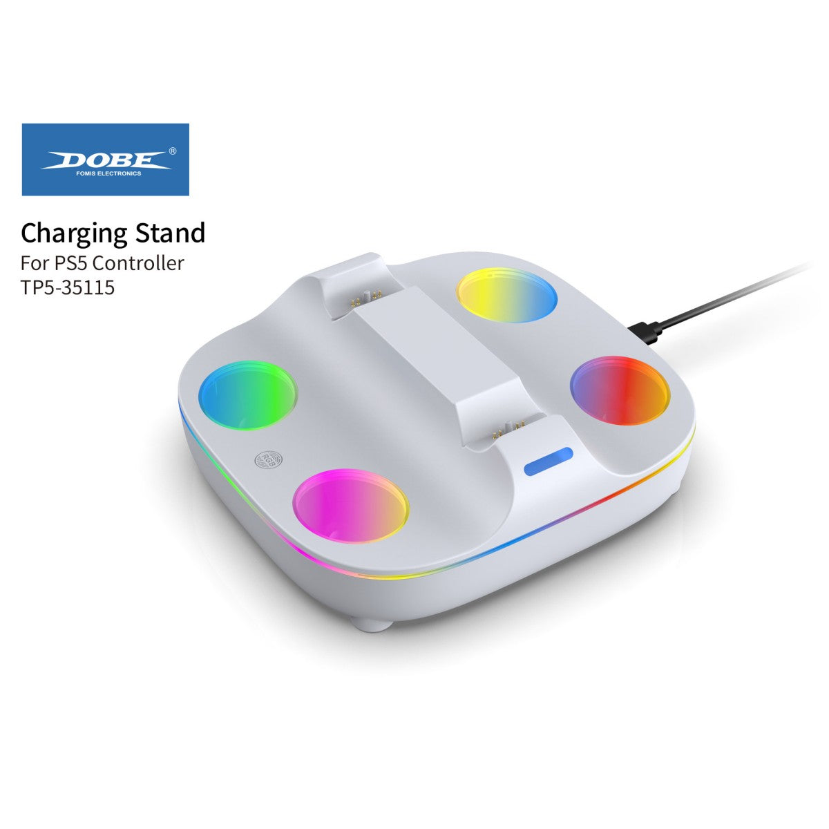 TP5-35115 Charging Dock Station for PS5 Controller featuring four RGB-lit charging indicators and dual charging ports for PlayStation 5 controllers.