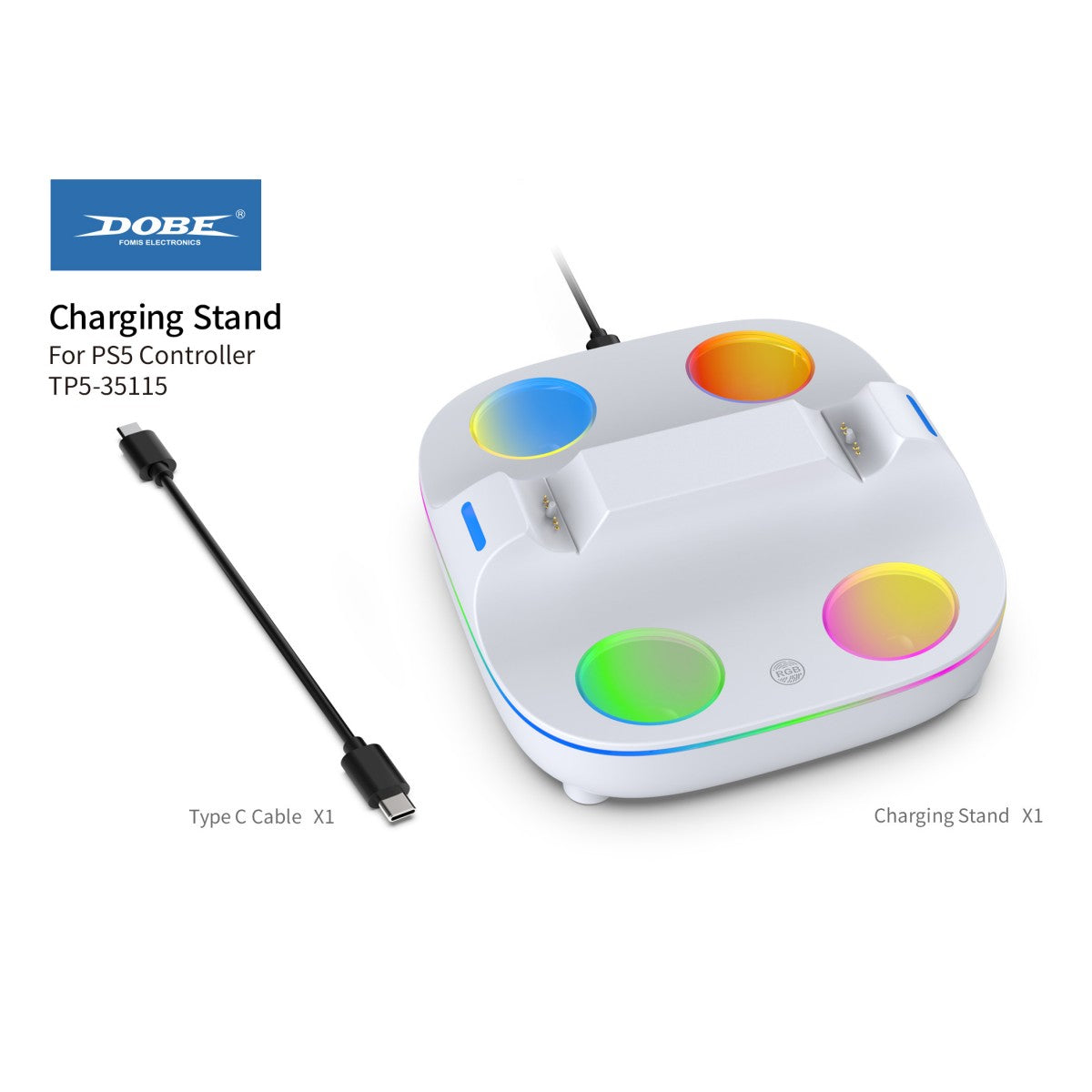 TP5-35115 Charging Stand for PS5 Controller includes a Type-C cable and dual charging dock with RGB lighting for elite and standard PS5 controllers.