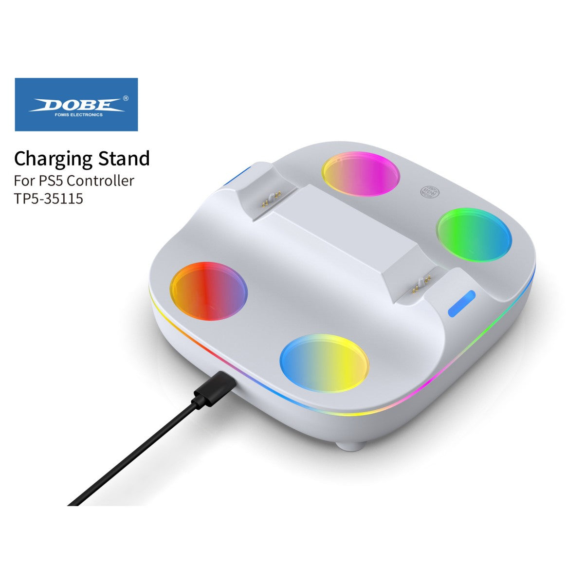 TP5-35115 Charging Dock Station for PS5 Controller with USB-C input and vibrant RGB ambient lighting, designed for dual controller charging.