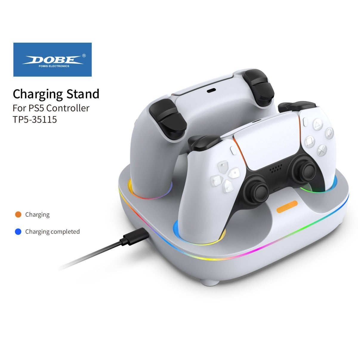 TP5-35115 Charging Stand for PS5 Controller with dual controller slots and RGB lighting, actively charging two PS5 controllers simultaneously.