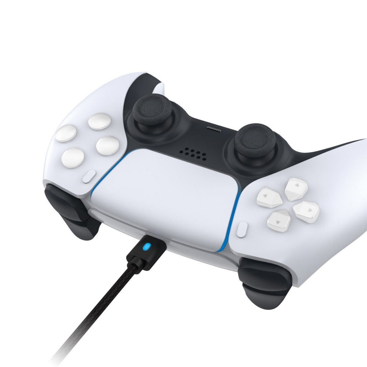 Dobe TP5-0803B Type-C Cable connected to a PS5 controller, showing charging indicator light for real-time power status.