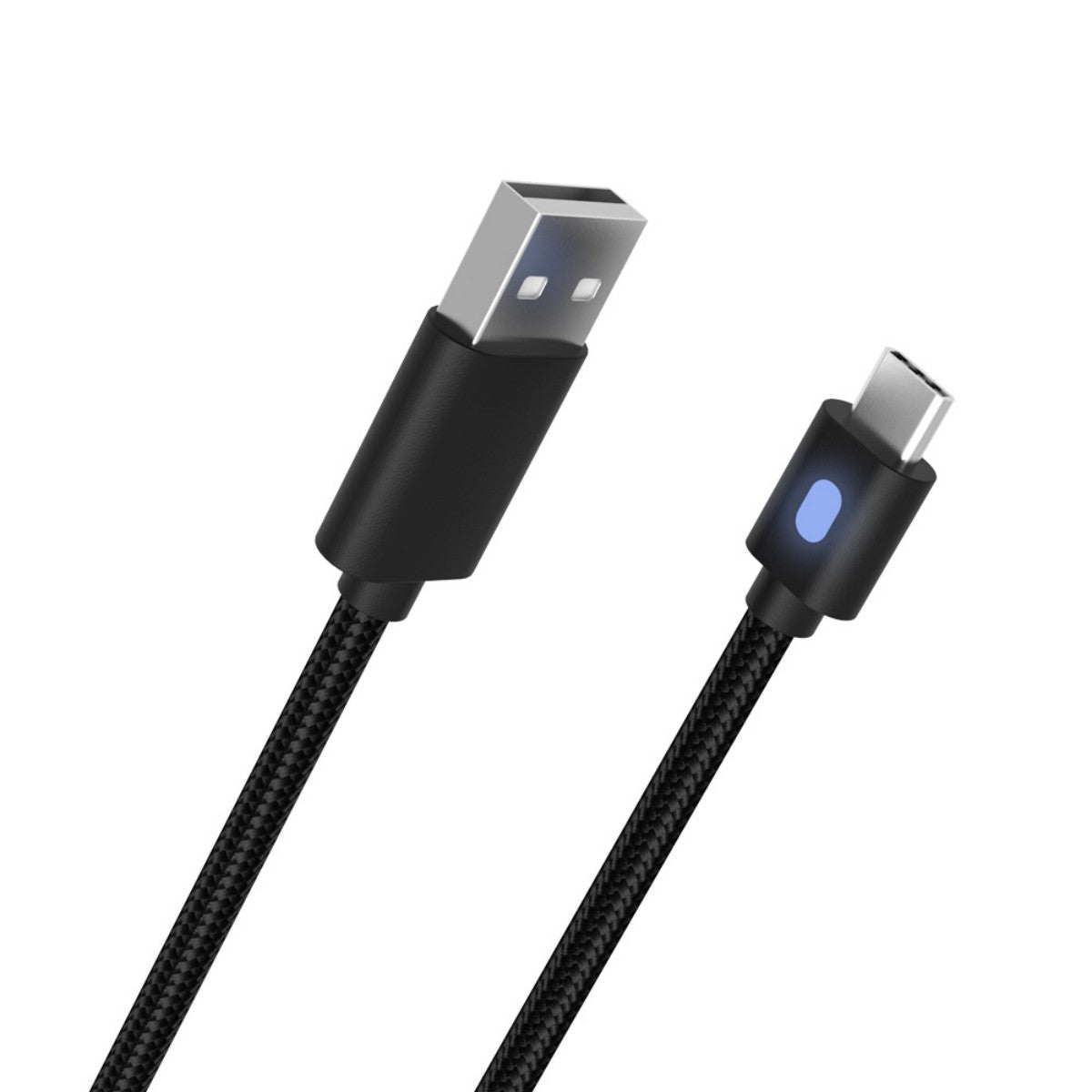 Close-up of Dobe TP5-0803B USB-A to Type-C braided cable with blue charging status indicator for gaming and mobile devices.