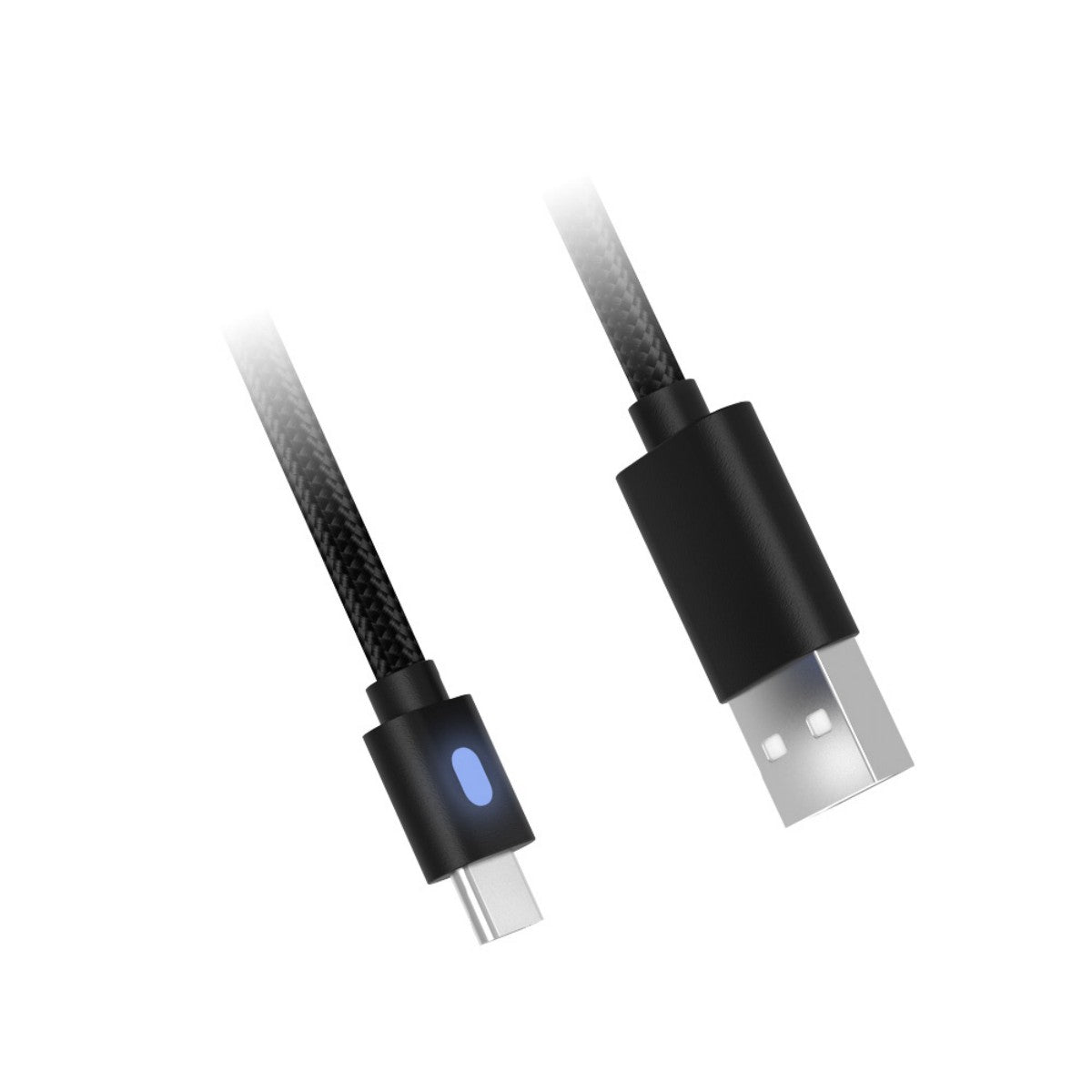 Angled view of Dobe TP5-0803B USB-A to Type-C 3M cable featuring durable braided design and LED charging status light.