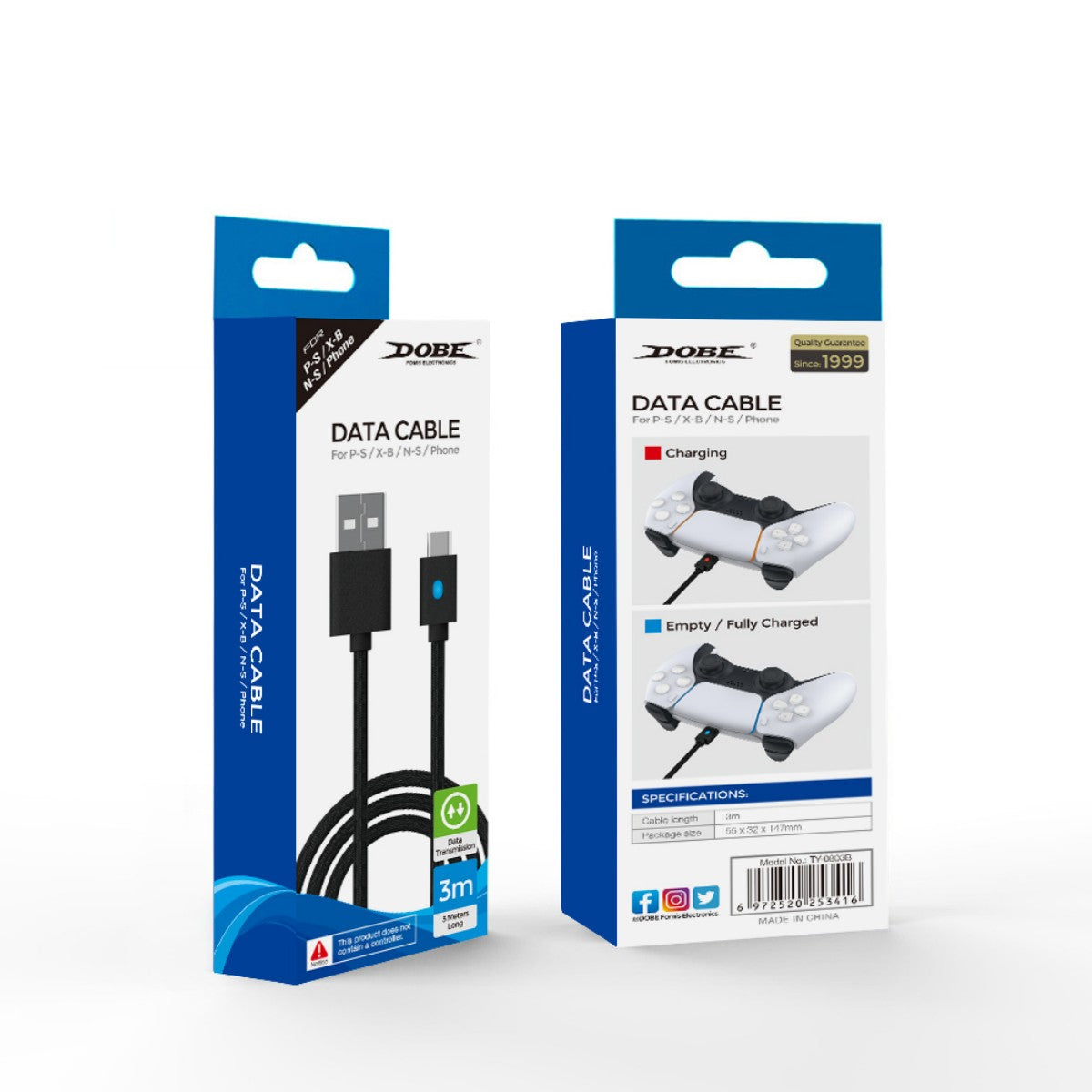 Retail packaging of Dobe TP5-0803B 3M USB-A to Type-C Data Cable showing compatibility with PS5, Switch, Xbox, and mobile devices.