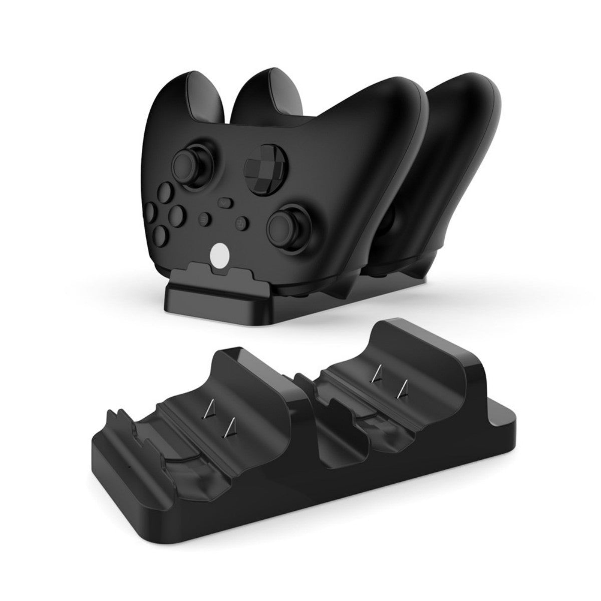 TYX-532X Charging Dock shown with and without controllers, highlighting dual charging slots and contact pins for Xbox Series X and One S/X.