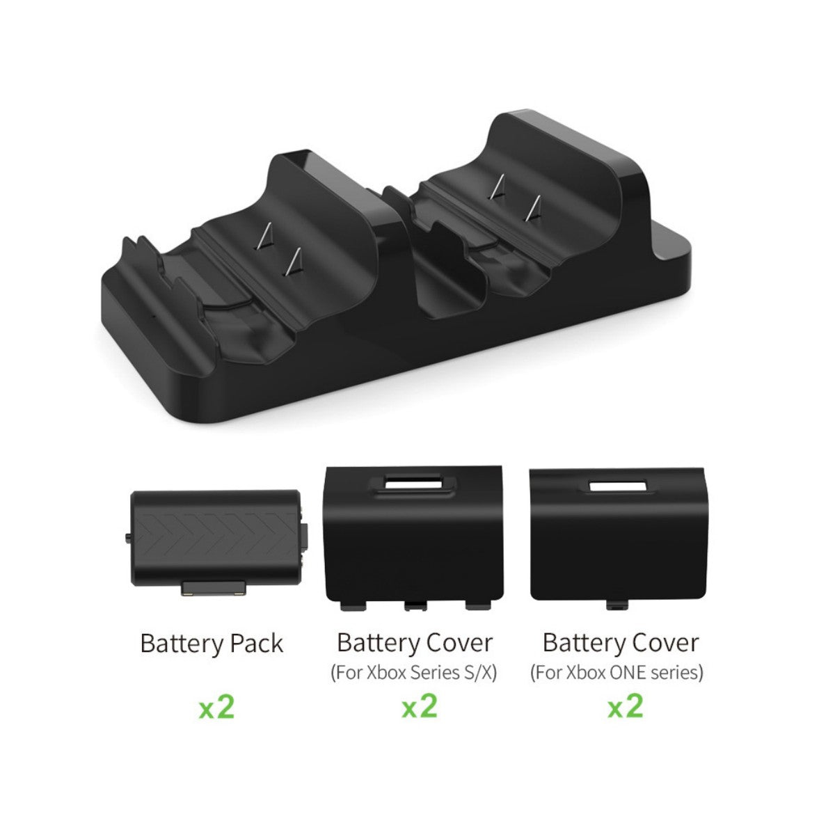 TYX-532X Charging Dock set includes dual dock, two battery packs, and four battery covers for Xbox Series X and One S/X controllers.