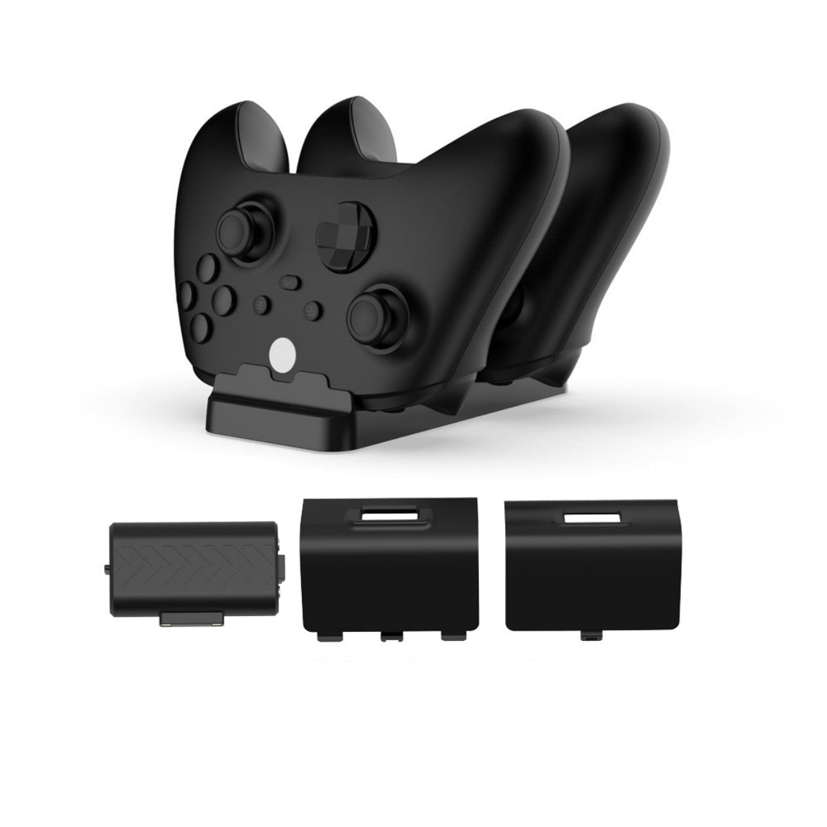 TYX-532X Charging Dock for X-Series X/ X-One S/X with two Xbox controllers docked and battery packs displayed below. Ideal for dual controller charging.