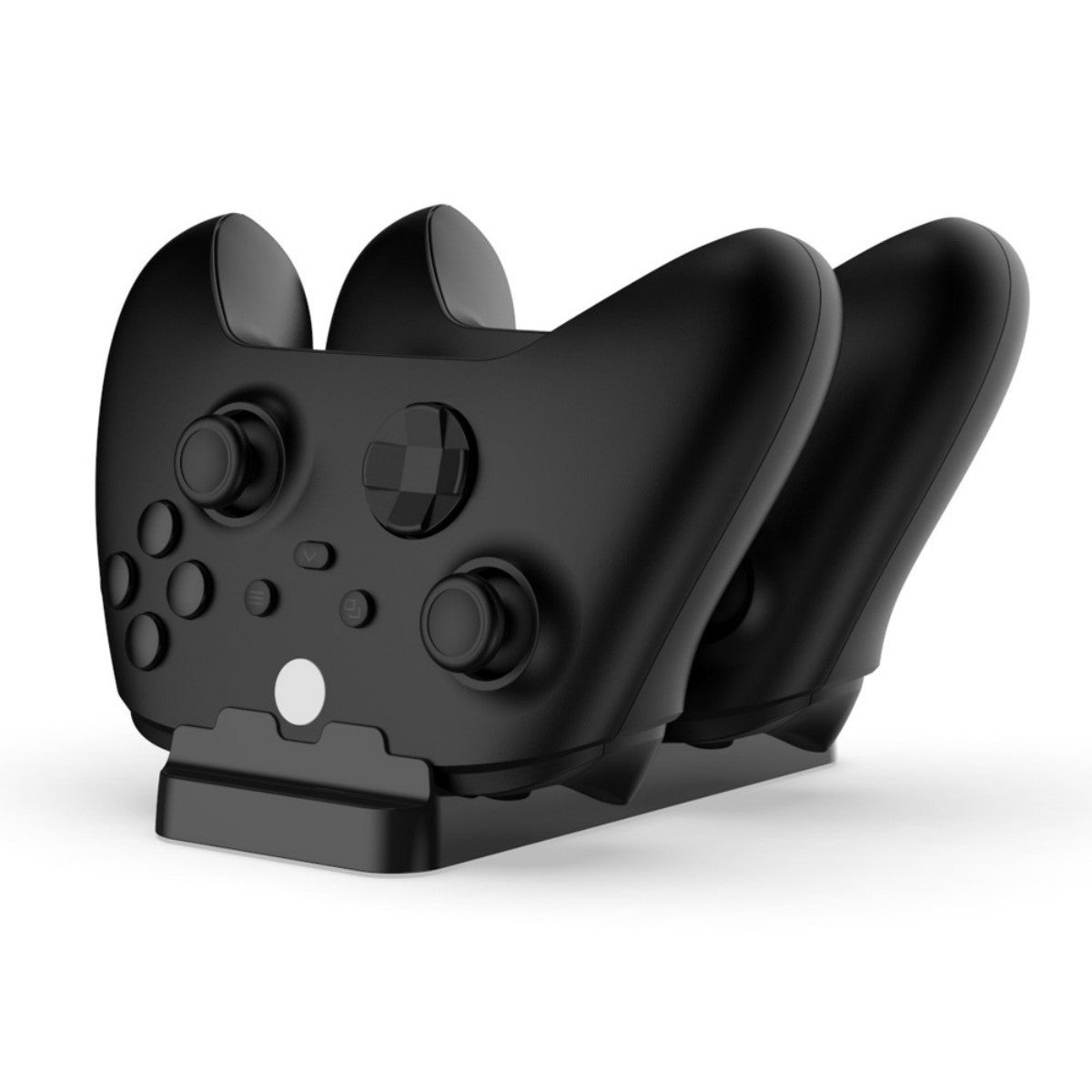 Front view of TYX-532X Charging Dock with two Xbox controllers docked, designed for Xbox Series X and Xbox One S/X compatibility.