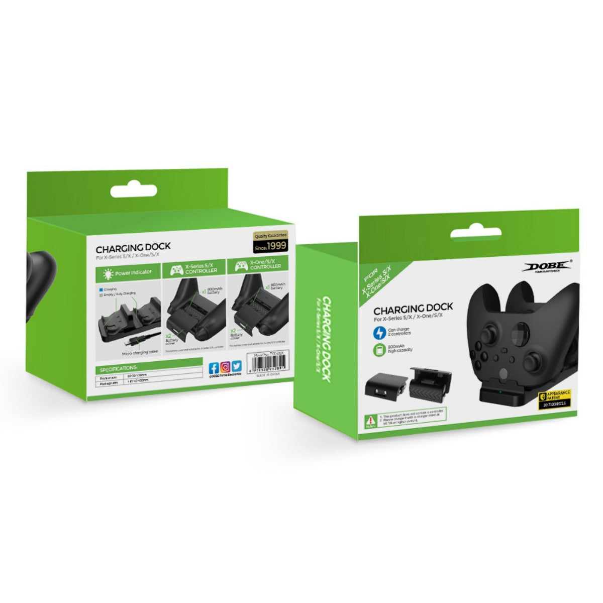 Retail packaging of TYX-532X Charging Dock for X-Series X/ X-One S/X showing product features, compatibility, and included accessories for Xbox controllers.