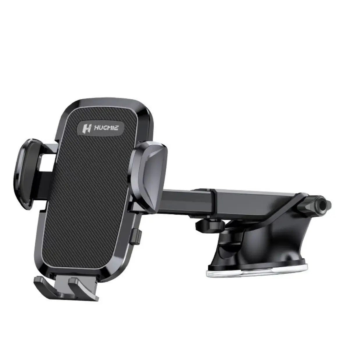 Side view of HUGMIE ZS-285 Car Phone Holder featuring extendable arm and secure grip clamps for mobile devices in cars.