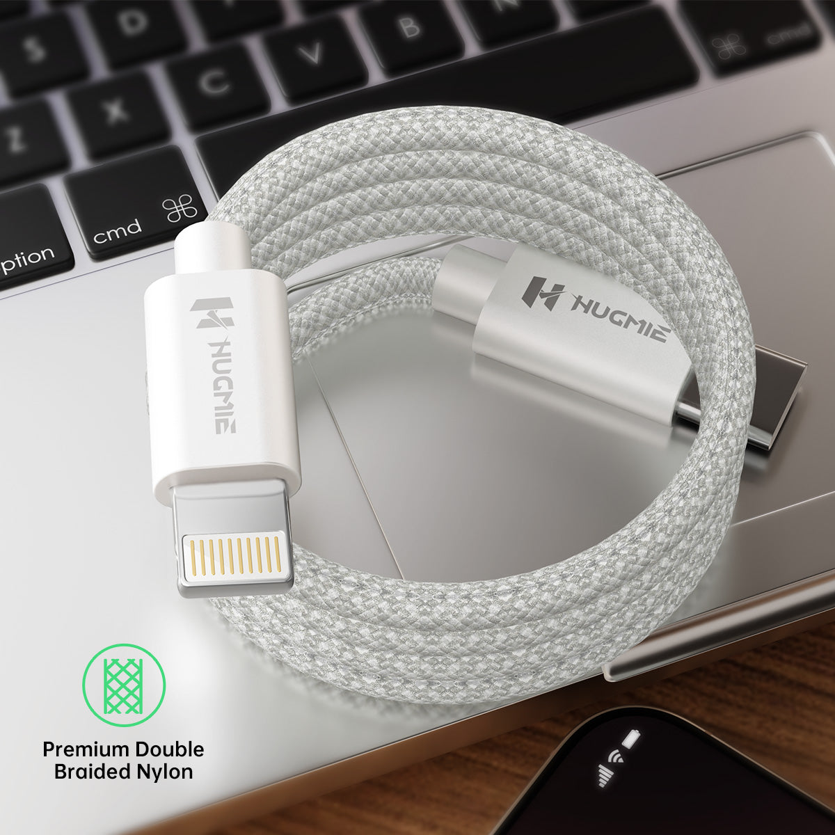 Hugmie Nylon Braided 20W Type C to Lightning Charger Cable 2M shown coiled on a laptop, featuring premium double-braided nylon for durability.