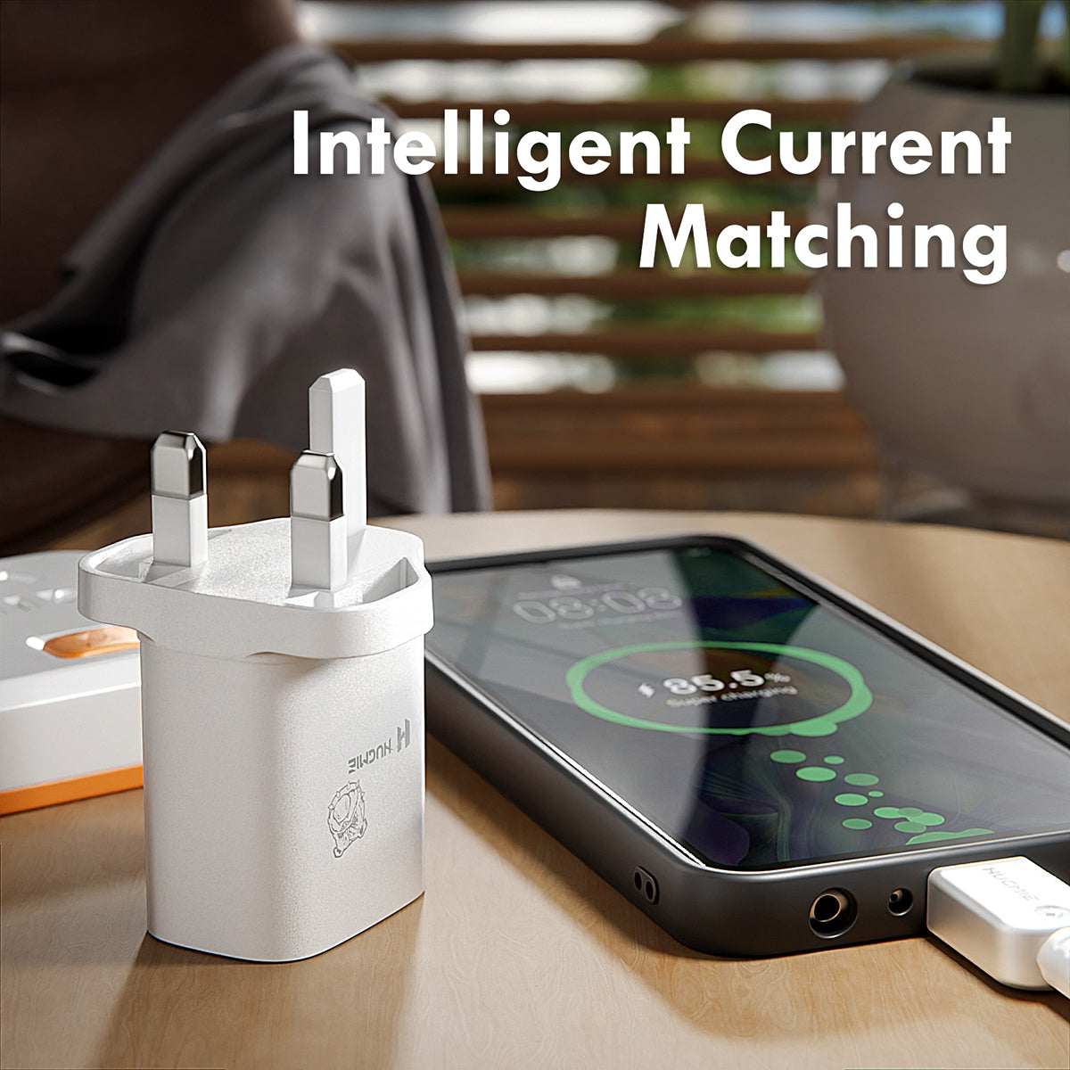 Hugmie HP-C12 USB Wall Charger with 1M Type-C Cable plugged into power strip beside charging smartphone, showcasing intelligent current matching.