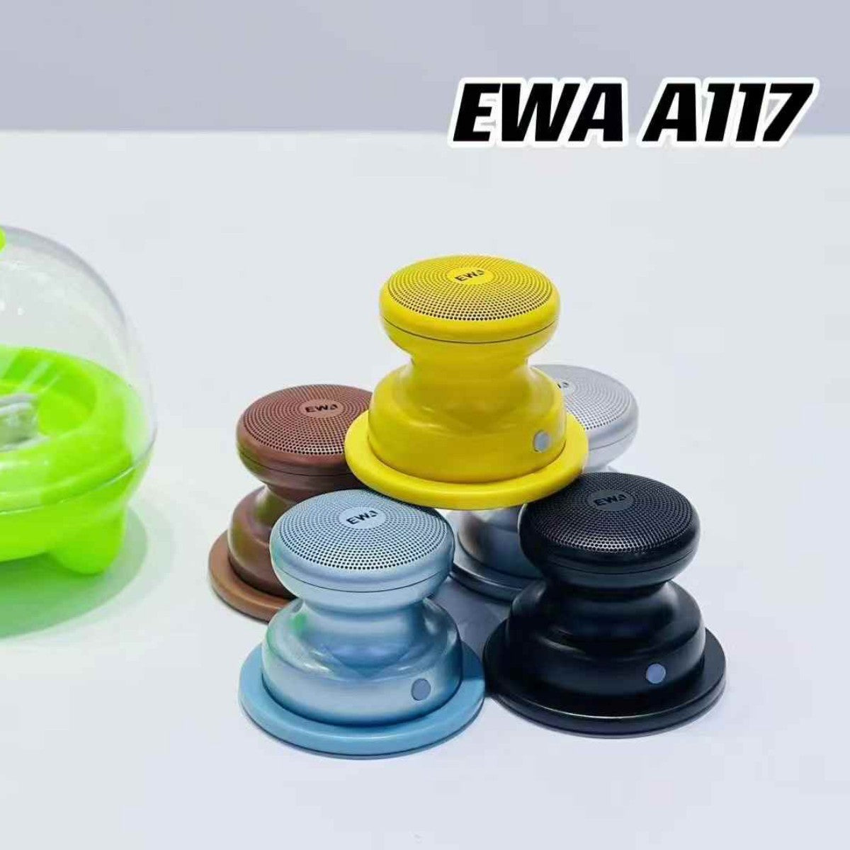 EWA A117 Portable Mini Bluetooth Speakers in yellow, brown, black, silver, and blue arranged in a group for color comparison.