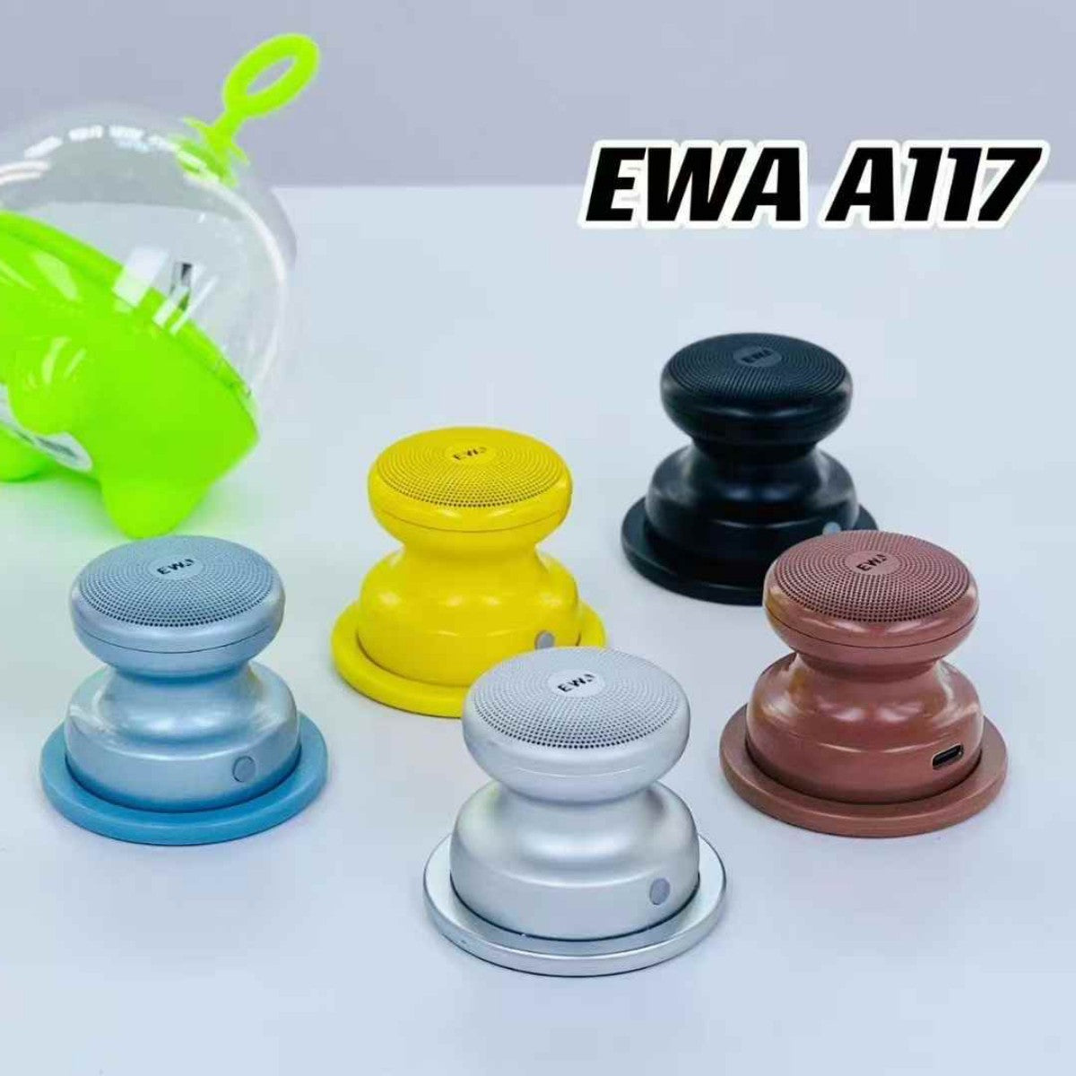 Back view of EWA A117 Portable Mini Bluetooth Speakers in five colors, highlighting USB charging ports and sleek design.