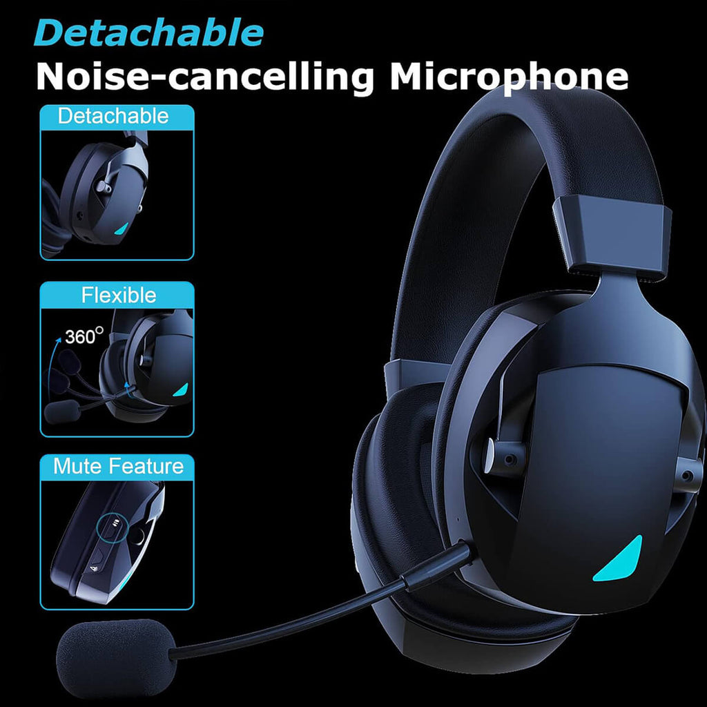 Close-up of Acinaci Wireless Gaming Headset's detachable noise-canceling microphone with flexible 360-degree rotation and mute feature.