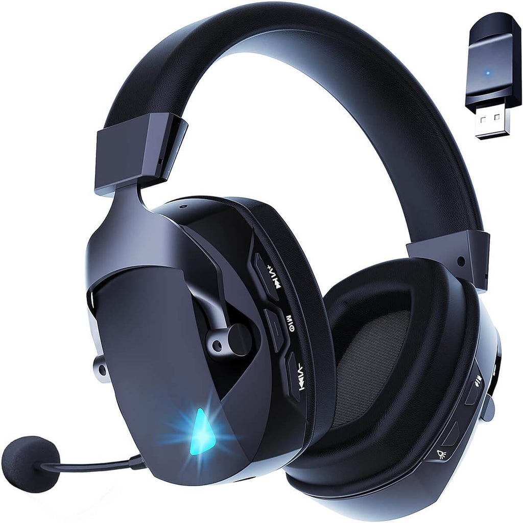 Acinaci Wireless Gaming Headset with detachable noise-canceling microphone and LED lighting for PC, PS4, PS5, phone, and tablet.