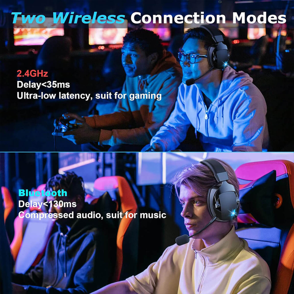 Acinaci Wireless Gaming Headset supports two wireless modes: 2.4GHz ultra-low latency for gaming and Bluetooth for music.