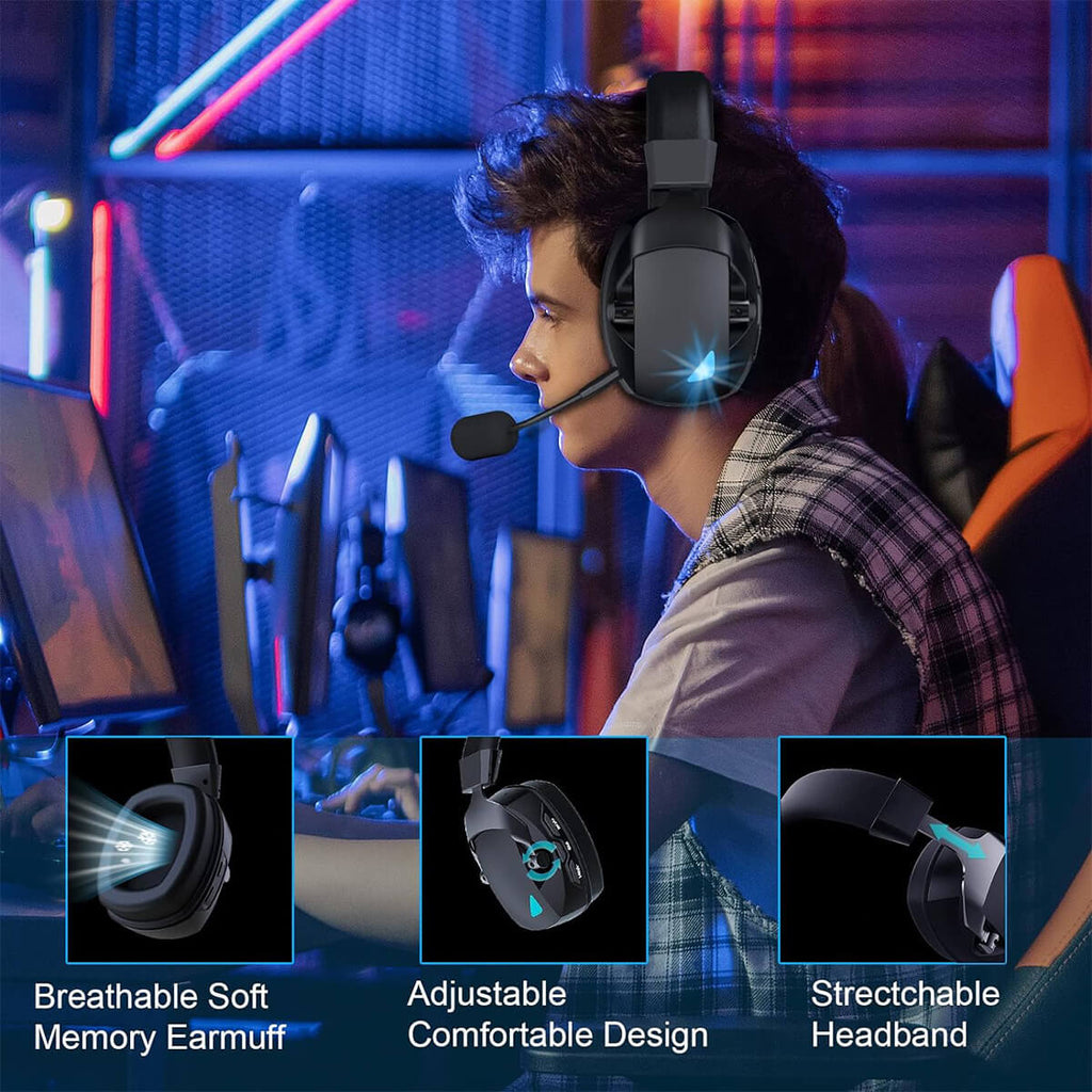 Gamer wearing Acinaci Wireless Gaming Headset with breathable memory earmuffs, adjustable design, and stretchable headband.