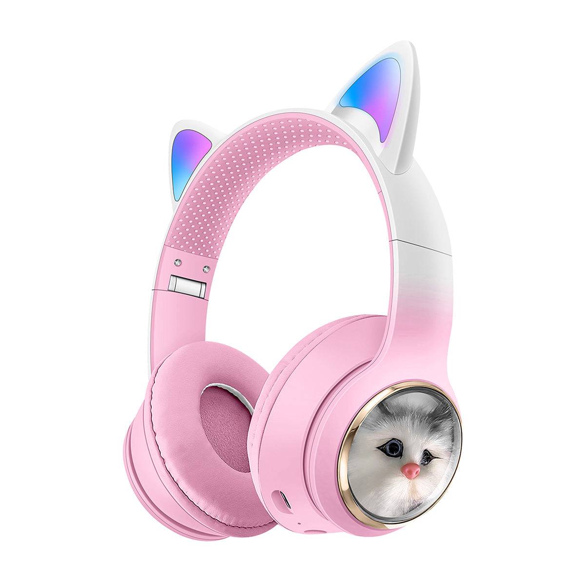 AKZ-09 Cat Ear Wireless Headphones in pink with RGB lighting and a pet capsule design on the ear cups, ideal for kids and adults.