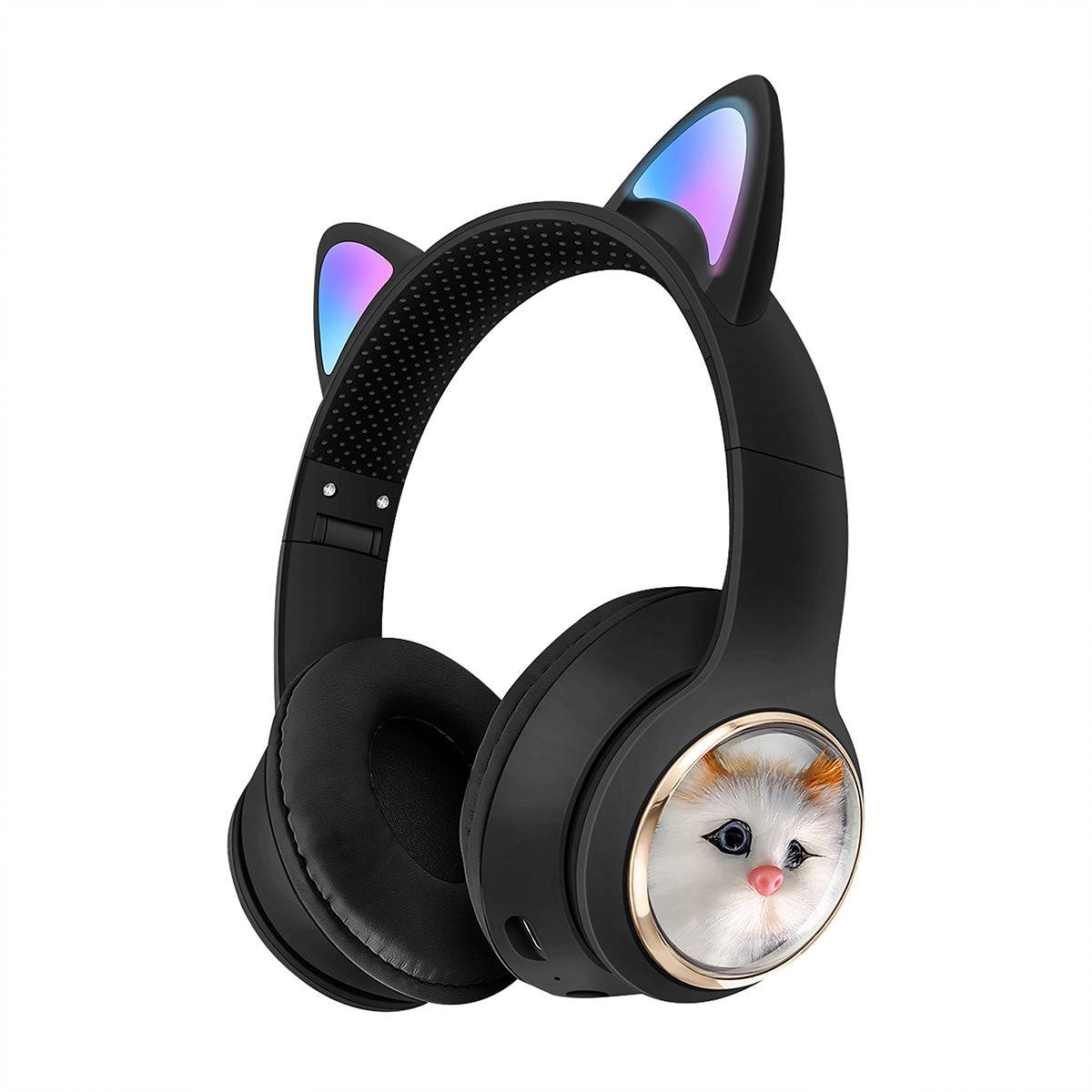 AKZ-09 Cat Ear Wireless Headphones in black with RGB lighting and a pet capsule design, offering immersive sound and a stylish look.