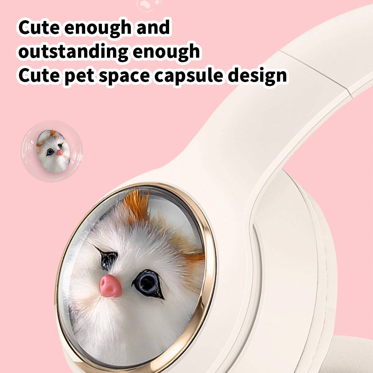 Close-up of the AKZ-09 Cat Ear Wireless Headphones highlighting the cute pet space capsule design on the ear cup.