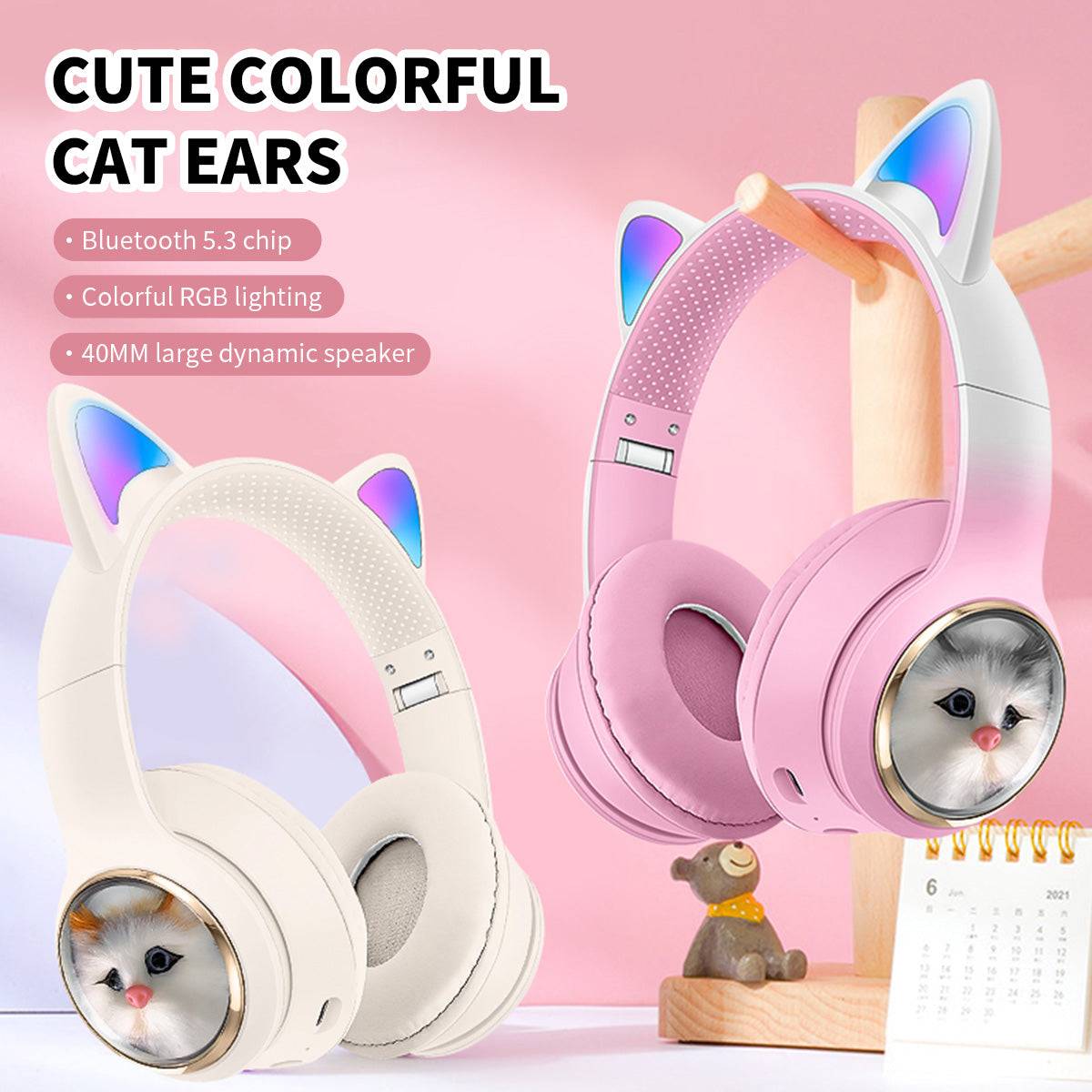 AKZ-09 Cat Ear Wireless Headphones in pink and white, featuring Bluetooth 5.3, RGB lighting, and a 40mm dynamic speaker.