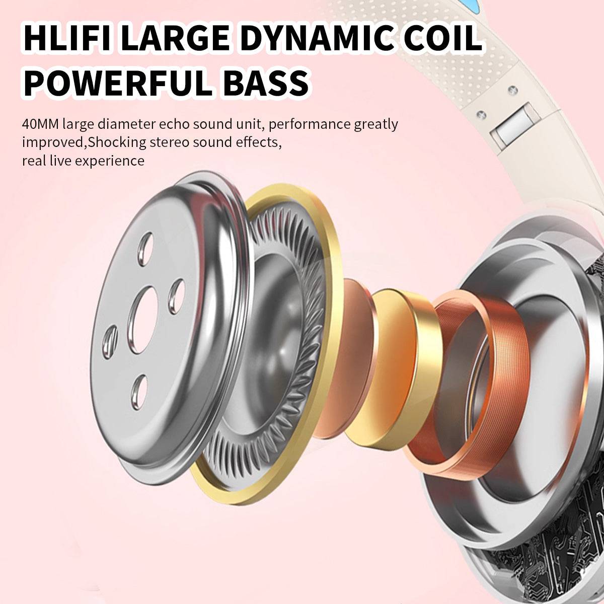 Exploded view of the AKZ-09 Cat Ear Wireless Headphones' internal components, emphasizing the 40mm large dynamic coil for powerful bass.