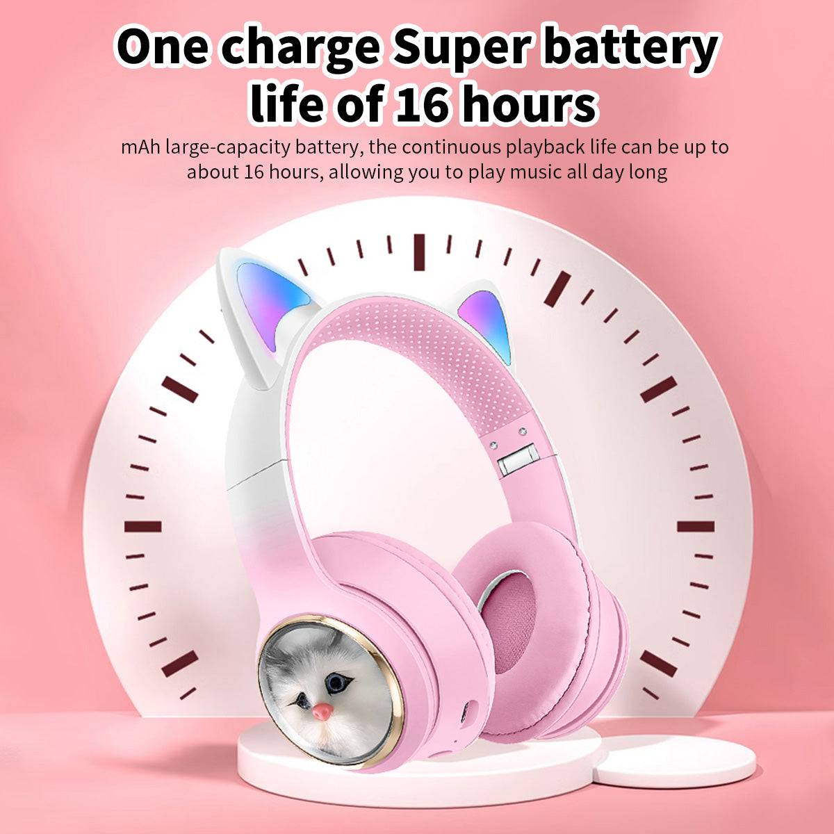 AKZ-09 Cat Ear Wireless Headphones with a 16-hour battery life, ensuring long-lasting music playback on a single charge.