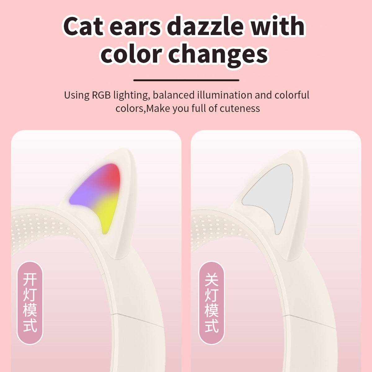 RGB lighting feature of the AKZ-09 Cat Ear Wireless Headphones, showcasing color-changing cat ears for a fun and stylish look.