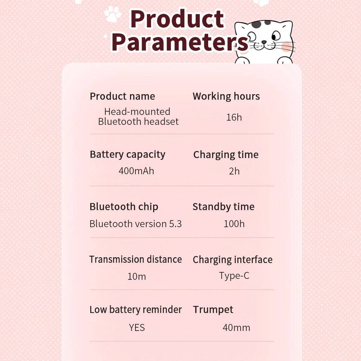 Product parameters of the AKZ-09 Cat Ear Wireless Headphones, detailing battery life, Bluetooth version, charging time, and speaker size.