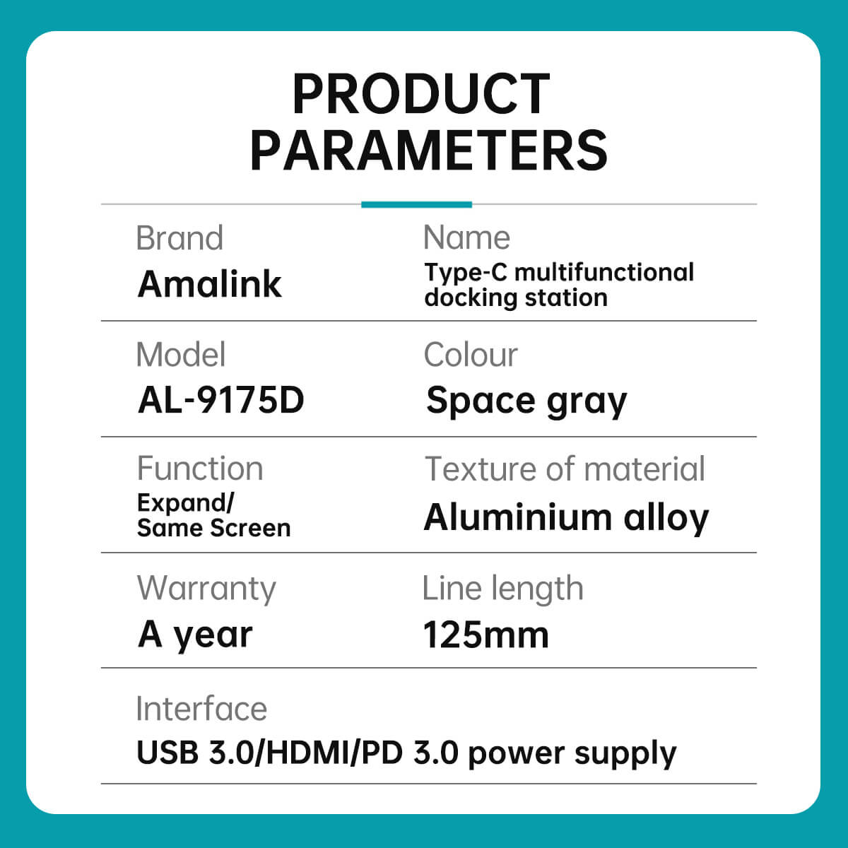 Product parameters of the Amalink 9175D Type-C to HDMI adapter, including model, material, warranty, and interface details. Compact and durable aluminum alloy design.