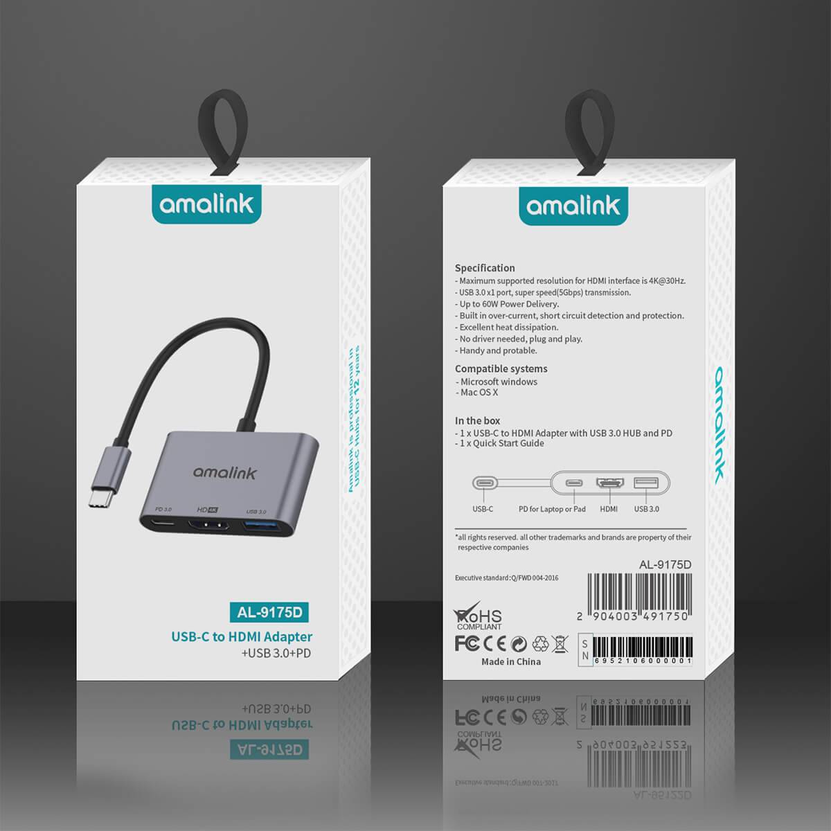 Packaging of the Amalink 9175D USB-C to HDMI adapter with USB 3.0 and PD 3.0. Includes specifications, compatibility details, and certification marks for quality assurance.