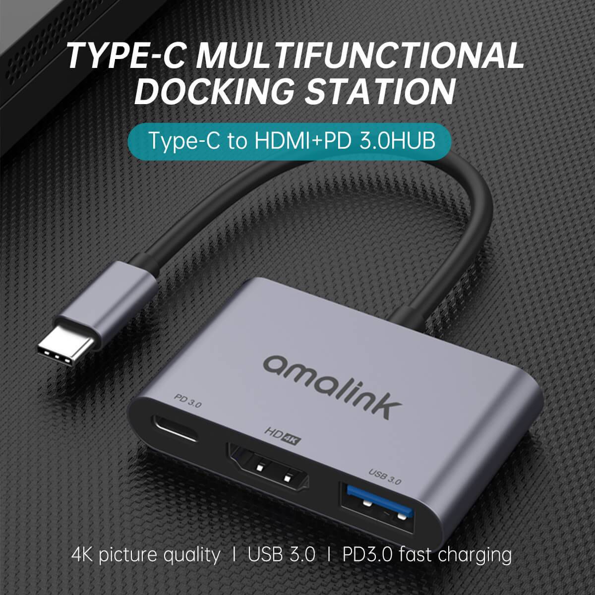 Type-C multifunctional docking station featuring HDMI, USB 3.0, and PD 3.0 fast charging. Supports 4K resolution and high-speed data transfer for seamless connectivity.