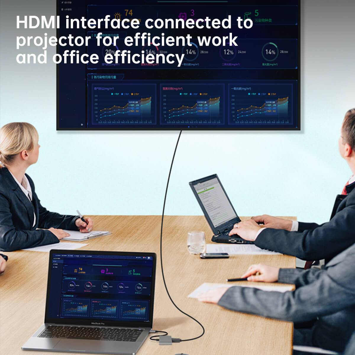 Amalink 9175D HDMI adapter connected to a projector for office presentations. Enhances work efficiency with seamless screen expansion and high-resolution output.