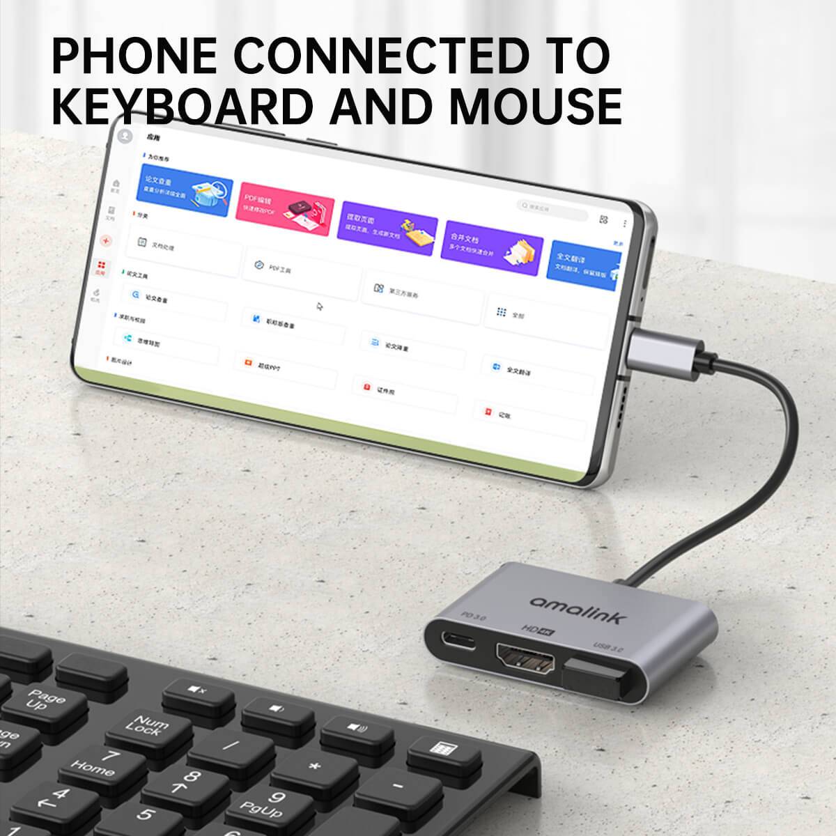 Amalink 9175D adapter enables phone connectivity with a keyboard and mouse for enhanced productivity. Ideal for office work and multitasking on mobile devices.