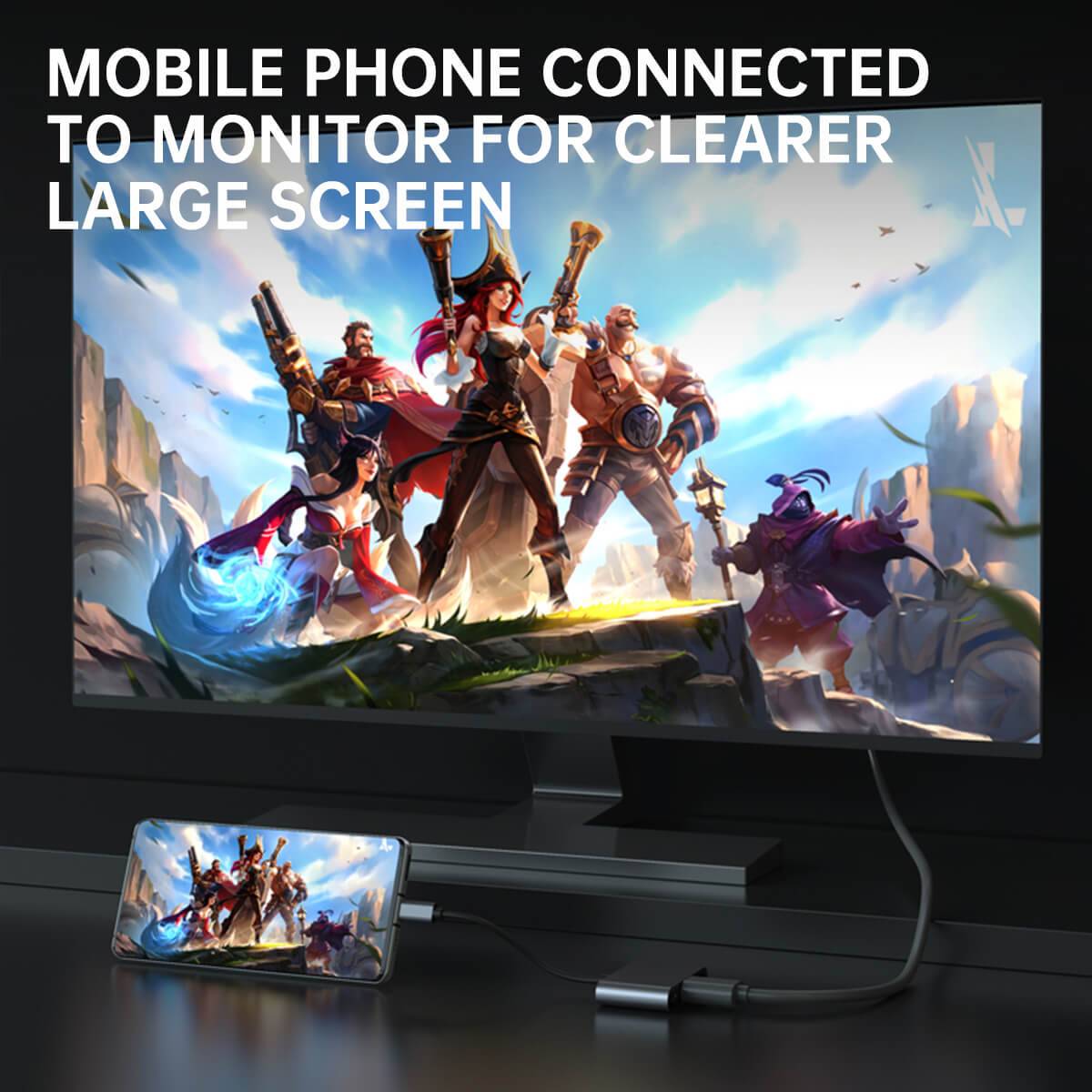 Mobile phone connected to a monitor using the Amalink 9175D adapter for a larger, clearer display. Ideal for gaming and multimedia streaming in high resolution.