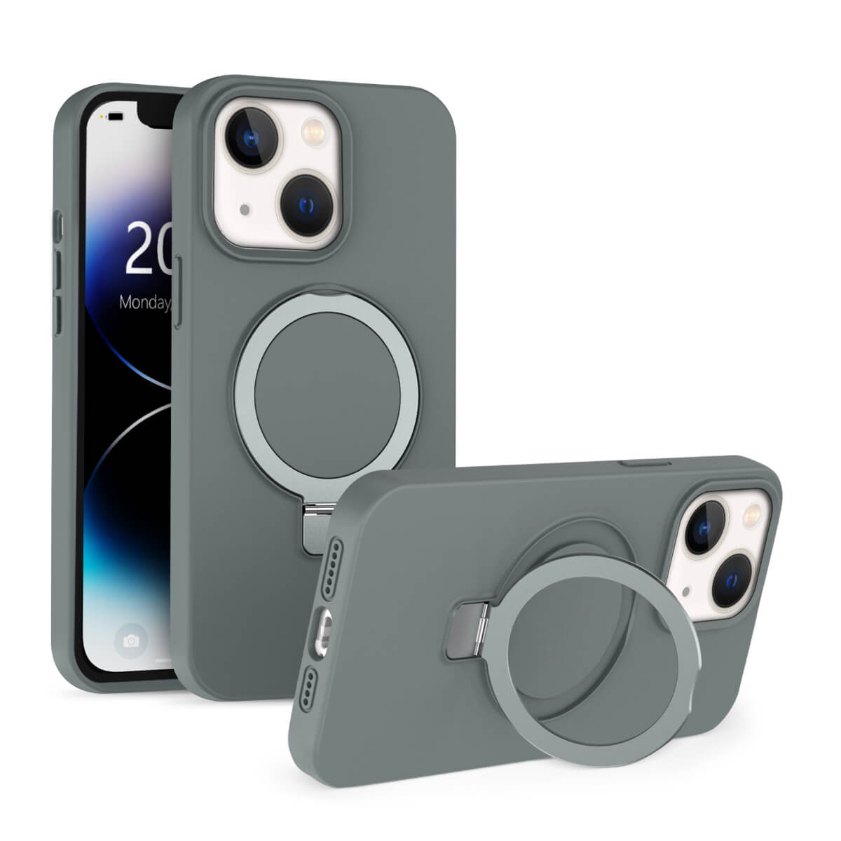 Armor Ring Series iPhone 15 MagSafe Silicone Case with Stand Grey - Hugmie