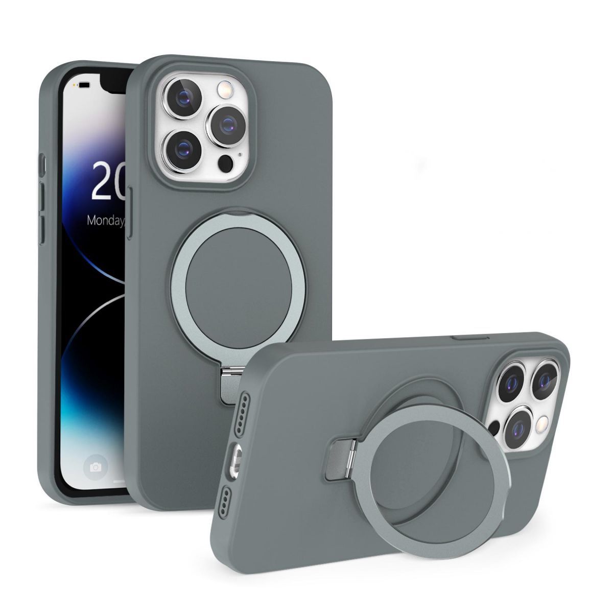 Armor Ring Series iPhone 15 Pro Max MagSafe Silicone Case with Stand Grey - Hugmie