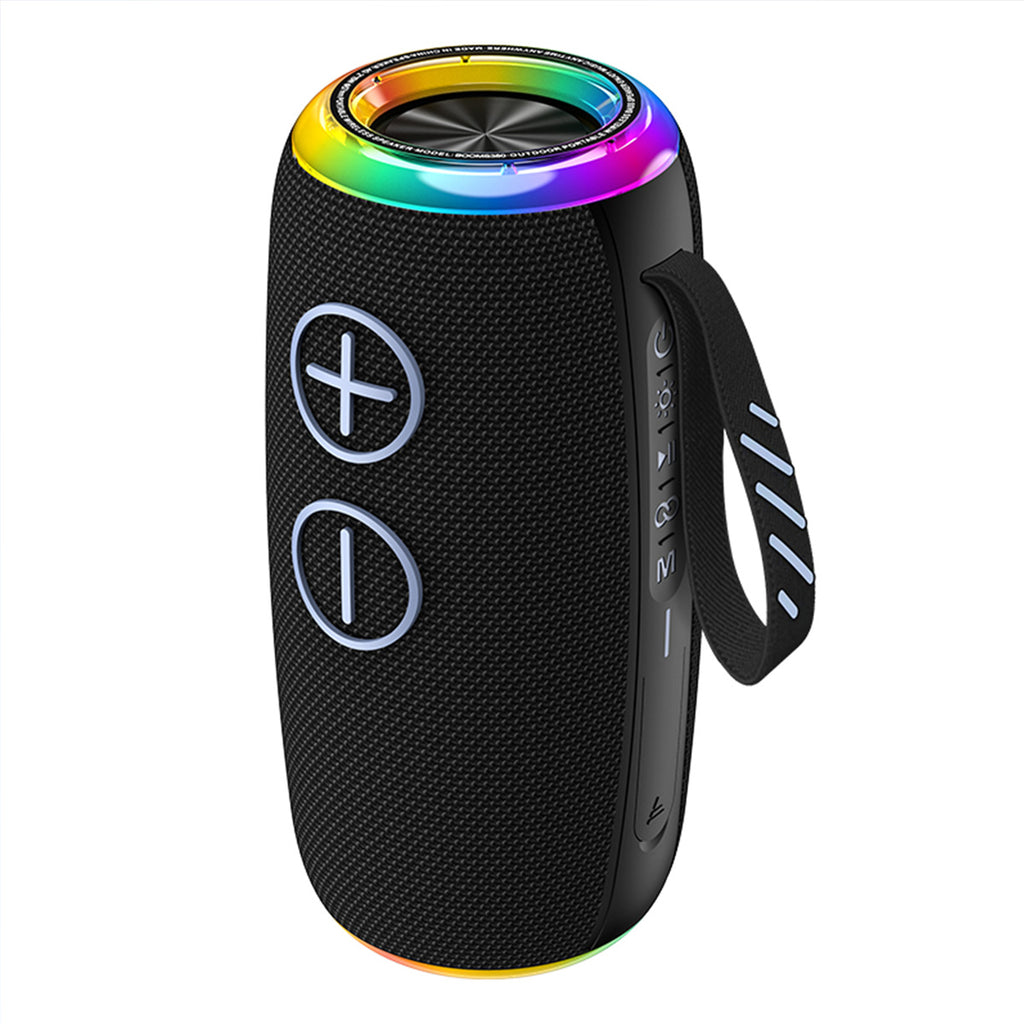 BOOMS380 Portable Outdoor Bluetooth Speaker in black with RGB lighting, waterproof design, and 20W stereo sound. Ideal for outdoor adventures.