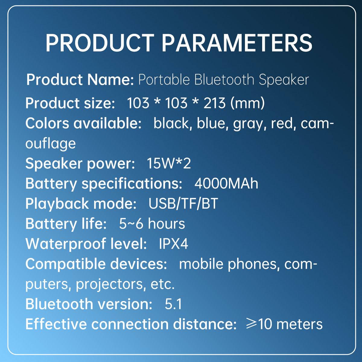 BOOMS380 Bluetooth Speaker specifications: 4000mAh battery, USB/TF/BT playback, IPX4 waterproof rating, Bluetooth 5.1, and 10-meter connection range.