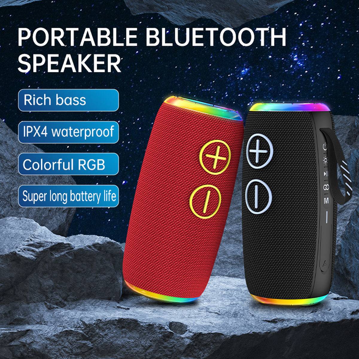 BOOMS380 Portable Bluetooth Speaker featuring rich bass, IPX4 waterproof rating, colorful RGB lighting, and long battery life for outdoor use.