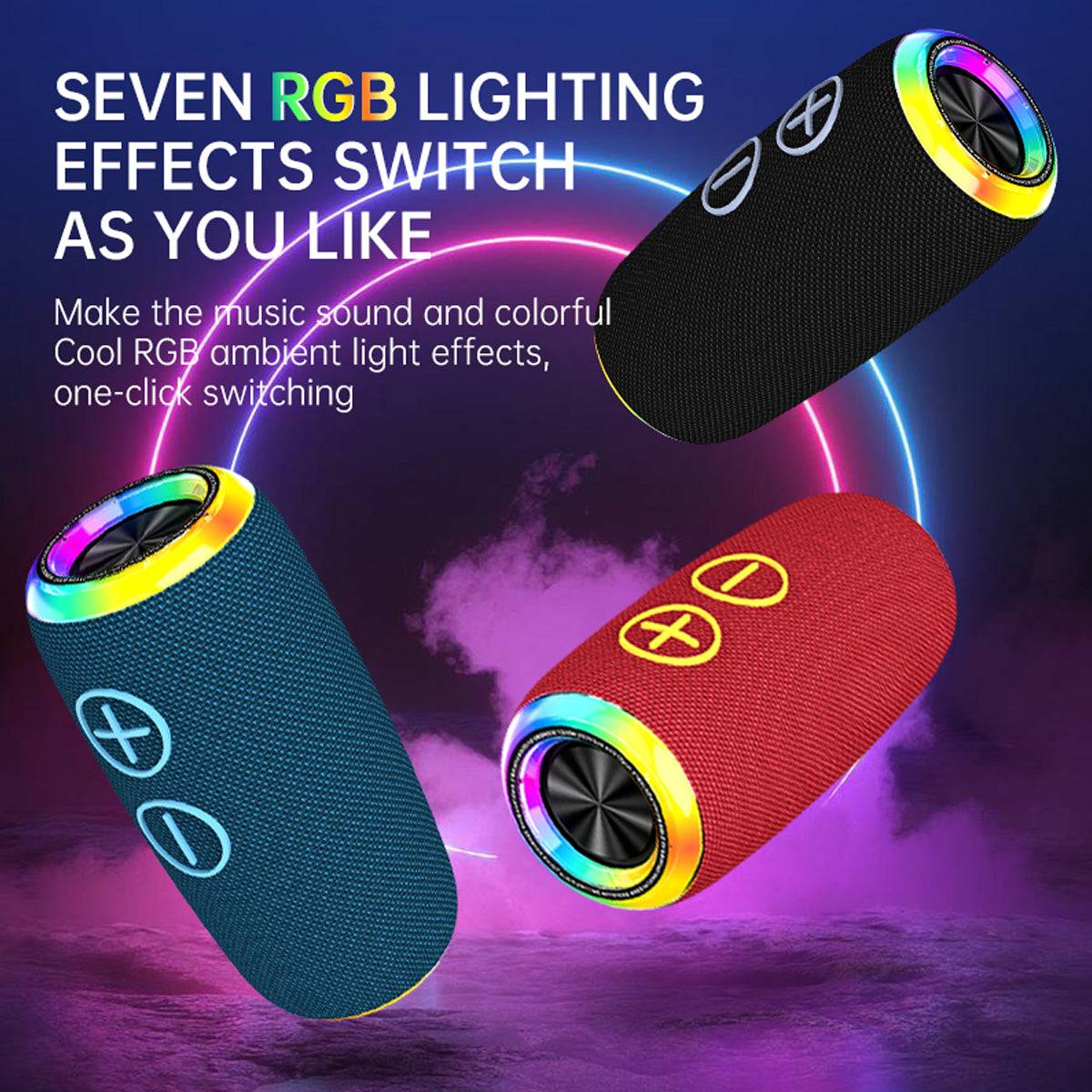 BOOMS380 Bluetooth Speaker with seven RGB lighting effects, delivering dynamic sound and customizable ambient lighting for an enhanced experience.