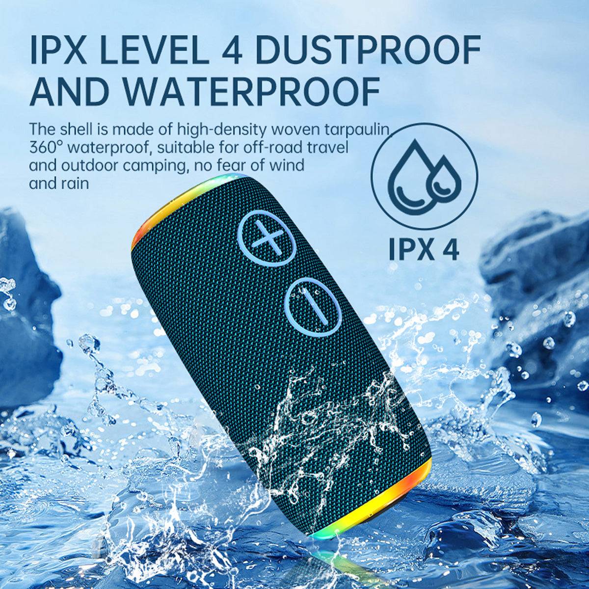 BOOMS380 Bluetooth Speaker with IPX4 waterproof and dustproof rating, designed for outdoor travel and camping with durable high-density fabric.