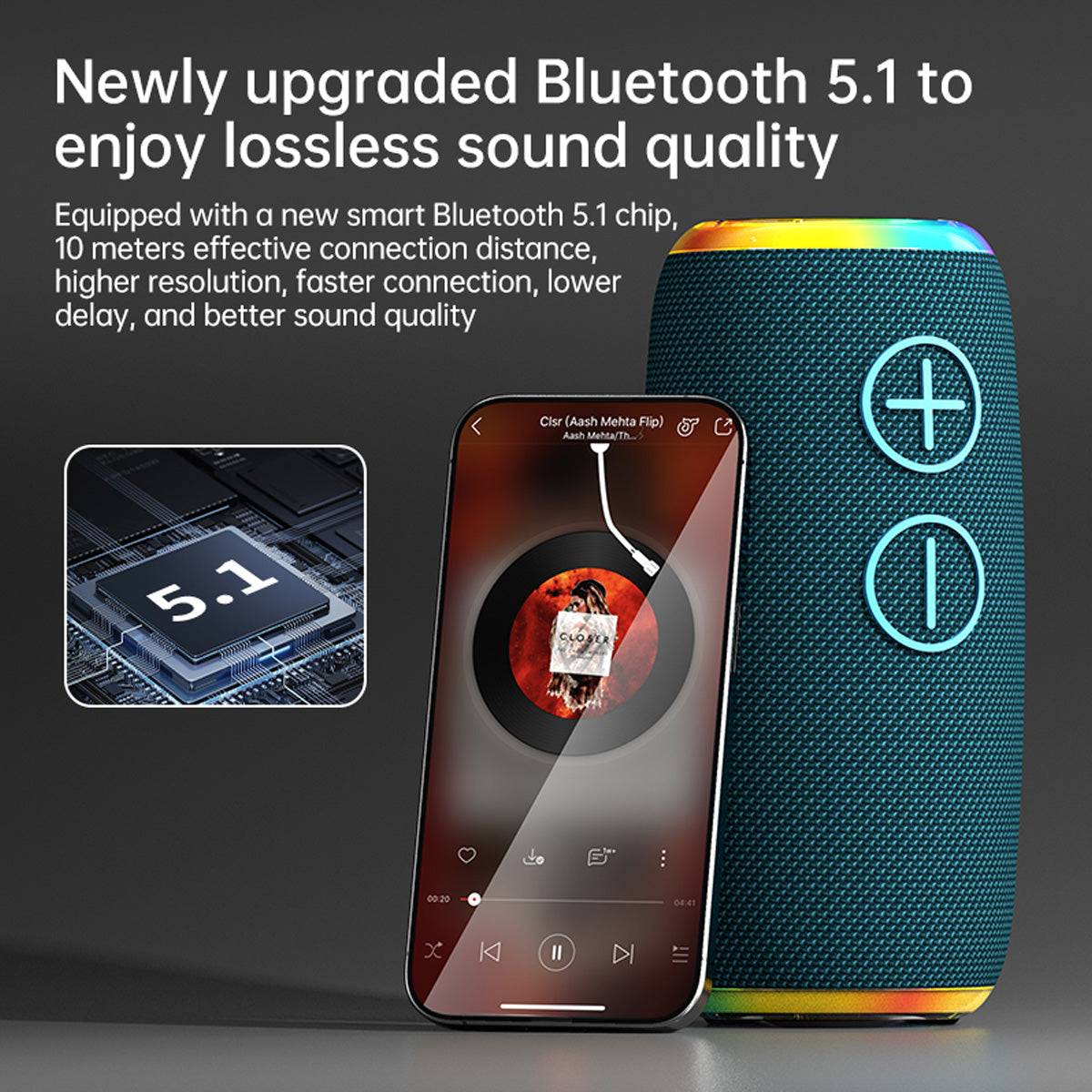 BOOMS380 Bluetooth Speaker upgraded with Bluetooth 5.1 for lossless sound quality, faster connection, and lower latency for seamless audio streaming.