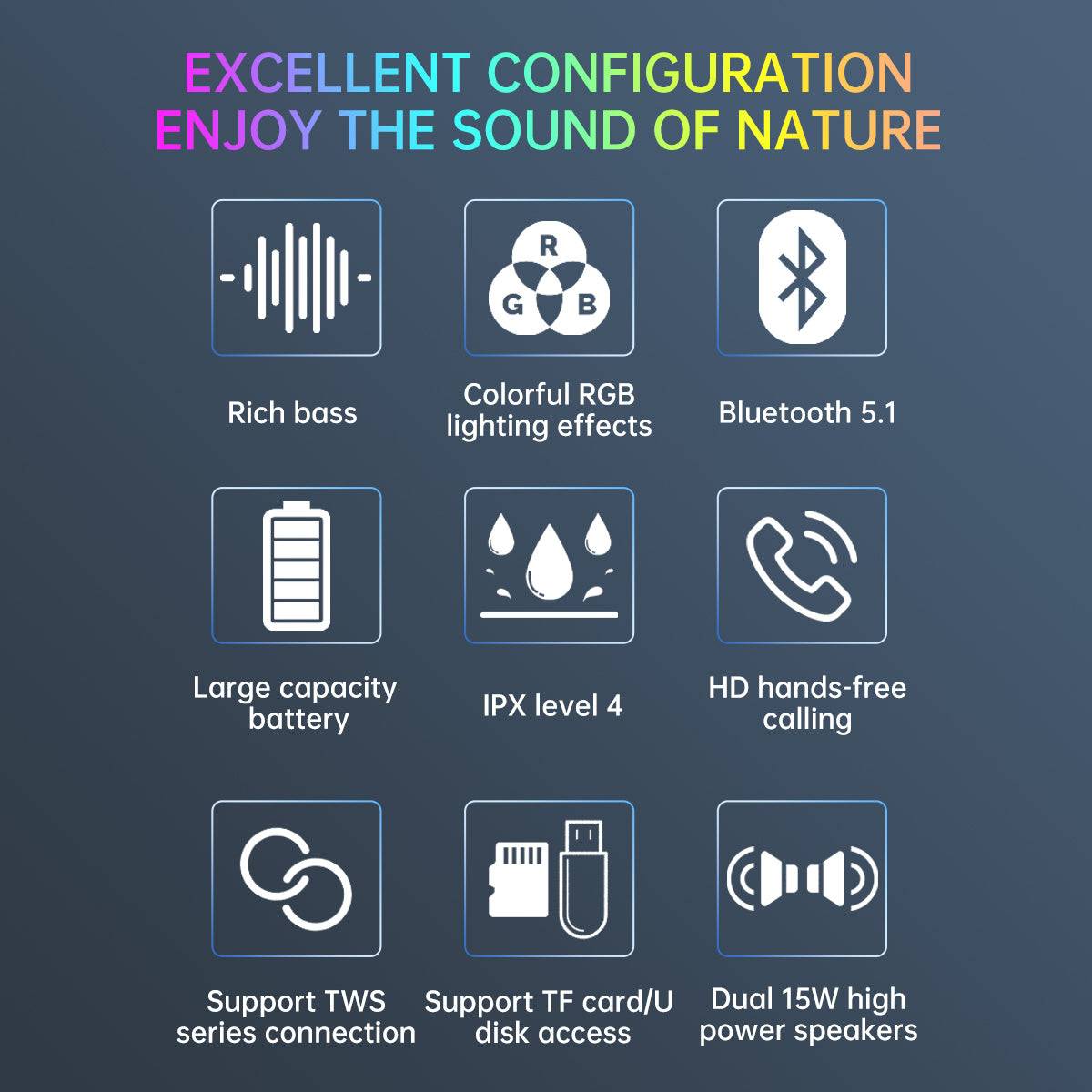BOOMS380 Bluetooth Speaker features rich bass, RGB lighting, Bluetooth 5.1, IPX4 waterproofing, TWS support, and dual 15W high-power speakers.